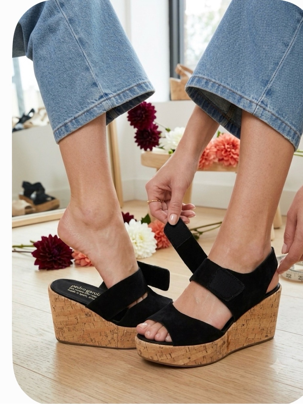 Pedro Garcia Black Suede Cork Wedge Sandals with Velcro Slingback